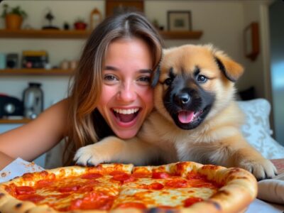 Photo of Skylar with a puppy and a pizza